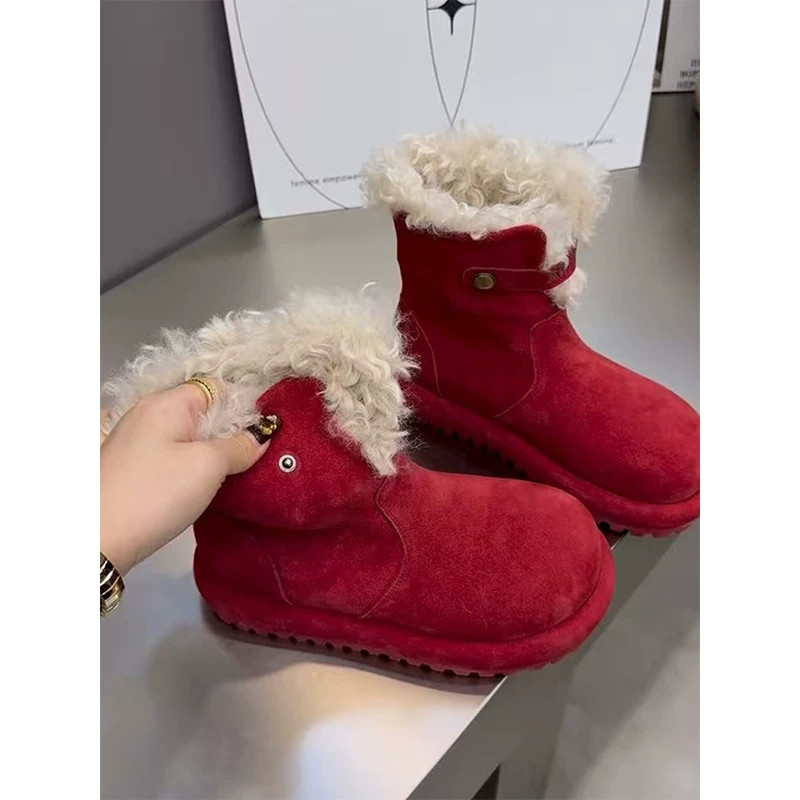 ~欧货厚底红色雪地靴女冬季羊羔毛加绒防滑短靴新款毛毛靴子