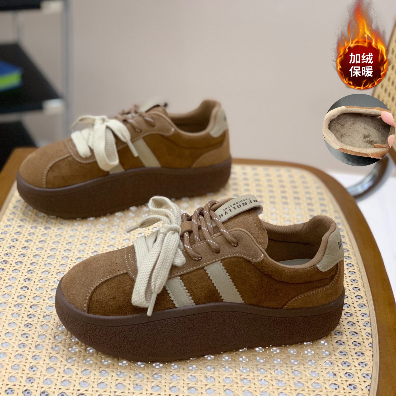 秋冬美拉德厚底摇摇鞋女2025爆款拼色双鞋带复古绒面娃娃头德训鞋