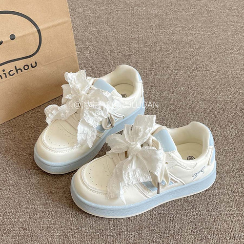 鲁鲁蛋 蝴蝶结厚底板鞋女款2025新款春夏百搭小白鞋韩系面包鞋子