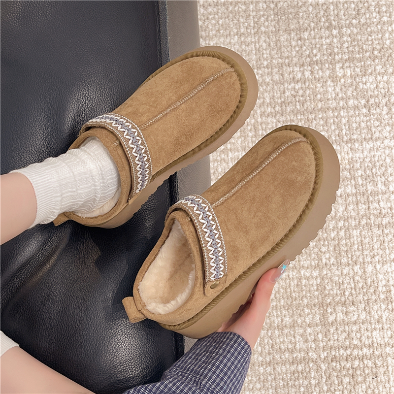 冬季毛绒厚底包头拖鞋女一脚蹬懒人鞋保暖半拖鞋居家棉拖鞋雪地靴