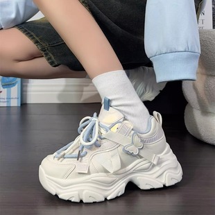 皮面老爹鞋 女款 女2026新款 女加绒蝴蝶运动鞋 厚底小白鞋 休闲风女鞋