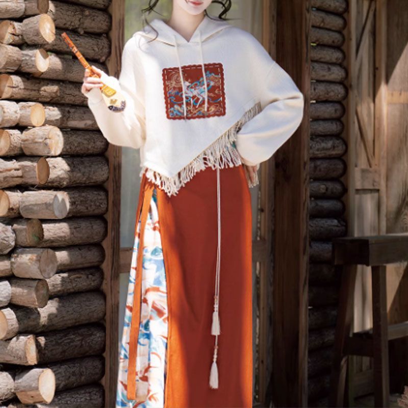 刺绣卫衣两片裙汉元素女敦煌风