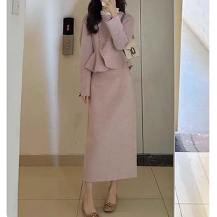 温柔风粉色减龄毛呢套装女秋冬季法式名媛风短款外套半身裙两件套