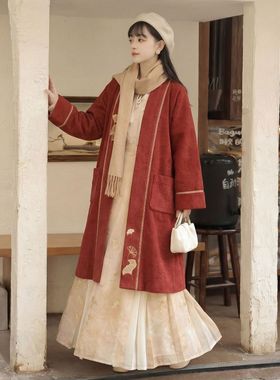 汉服银杏古风刺绣毛呢褙子过年红色外套2025年冬季废土风日常大衣