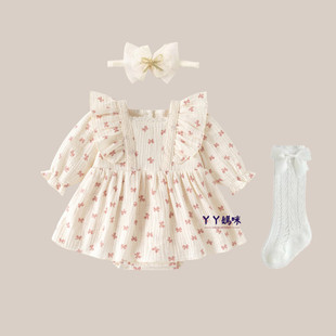 满月婴儿衣服秋装薄款纯棉包屁哈裙小月龄女宝宝百天周岁公主哈衣