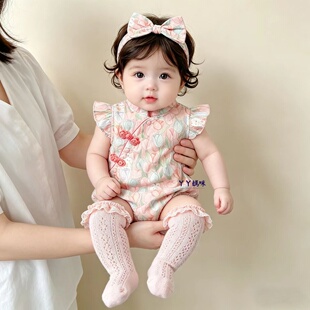婴儿衣服夏装新中式碎花包屁衣女宝宝满月百天宴公主哈衣抓周礼服