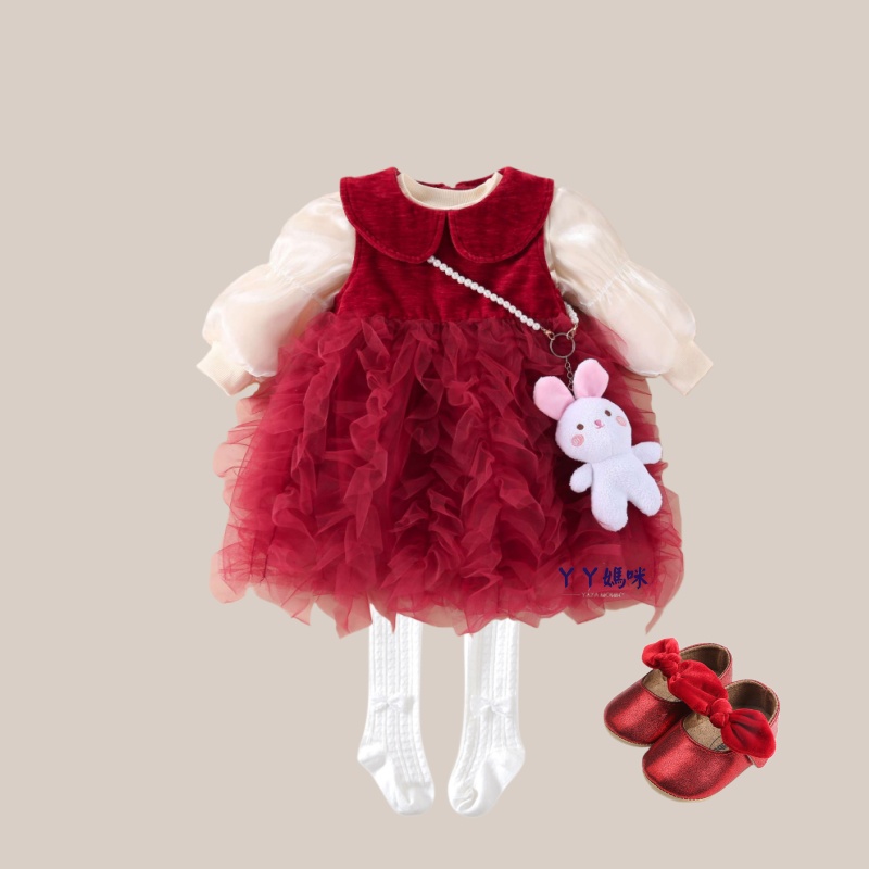 周岁女宝宝红色公主裙春秋装