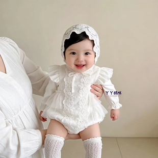满月婴儿衣服春秋装纯棉连体衣女宝宝百天公主包屁衣超仙周岁礼服