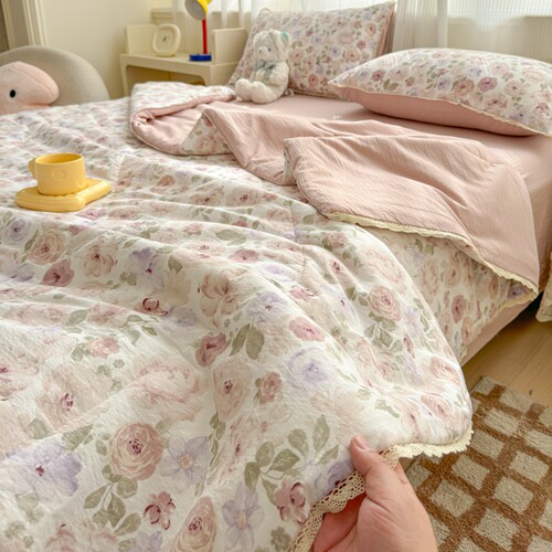 田园风粉色碎花双层纱花边夏凉被