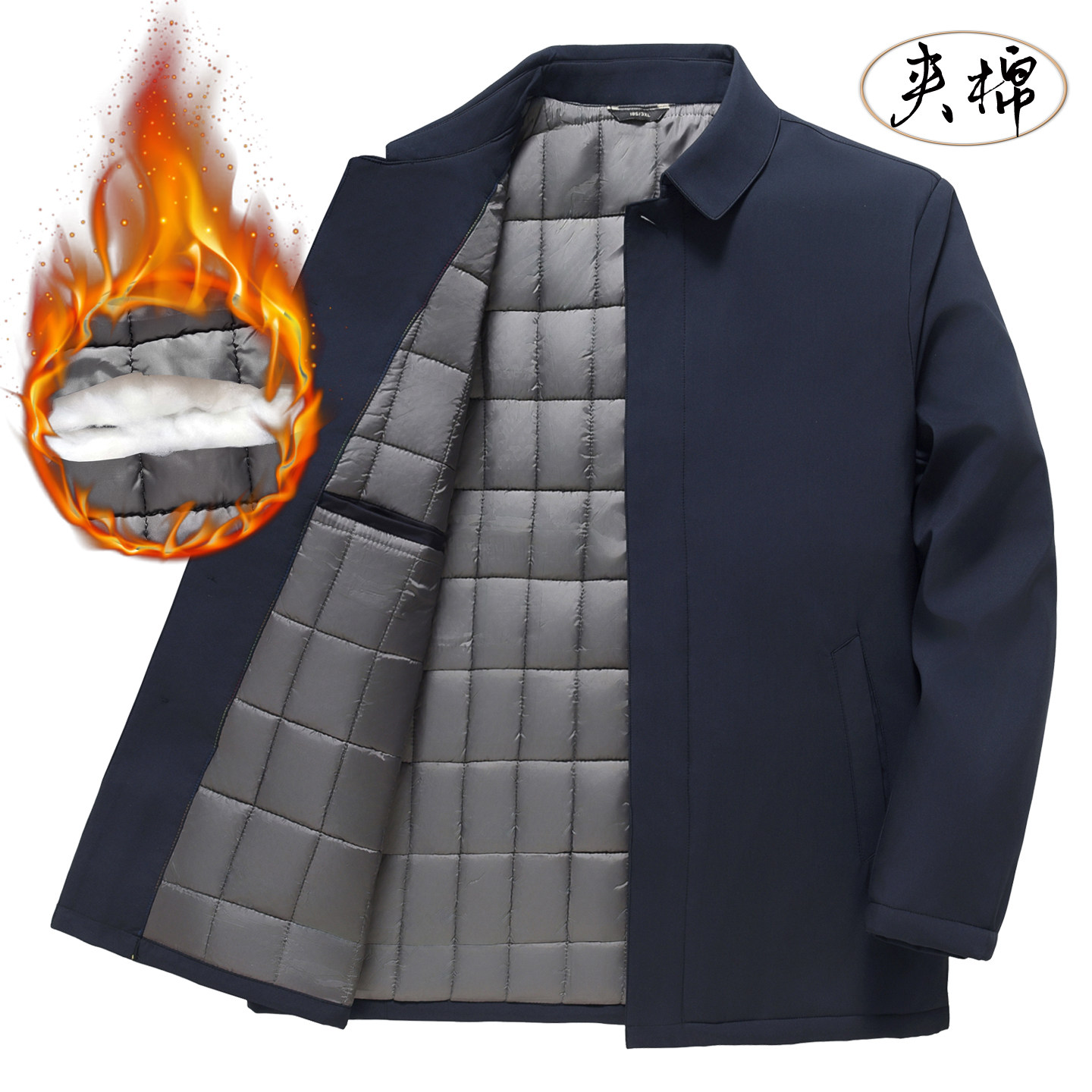 中老年休闲夹克男冬季加厚夹棉爸爸商务外套老年宽松翻领系扣上衣