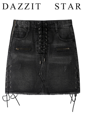 特价清仓不退不换刘雯同款夏季高腰a字黑色显瘦边牛仔绑绳半身裙