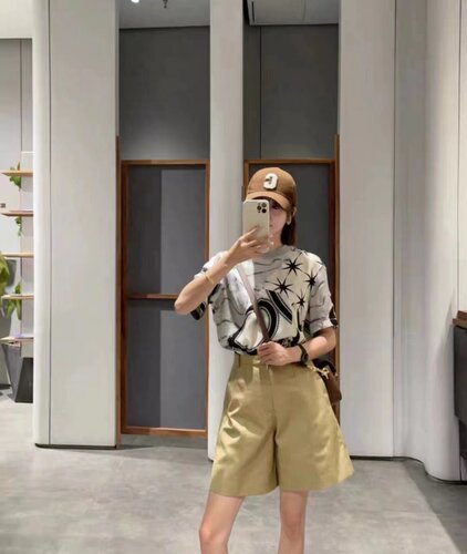 齐格格拼色短袖印花衬衣女