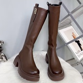 真皮厚底长筒靴女2025年秋冬季 新款 平跟粗腿百搭欧美风高筒骑士靴