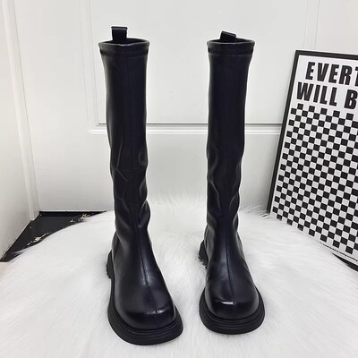 真皮显瘦弹力靴后拉链长筒马丁靴