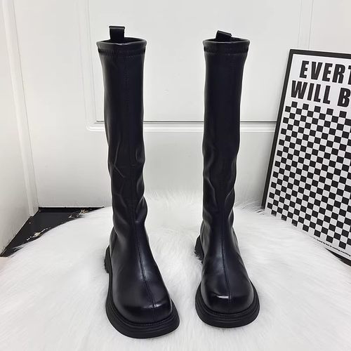 真皮显瘦弹力靴后拉链长筒马丁靴