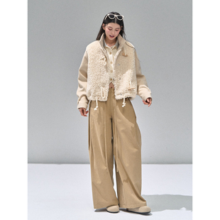 RECOIN R1C 冬季牛角扣羊羔毛拼接短款毛呢外套女小个子夹克上衣