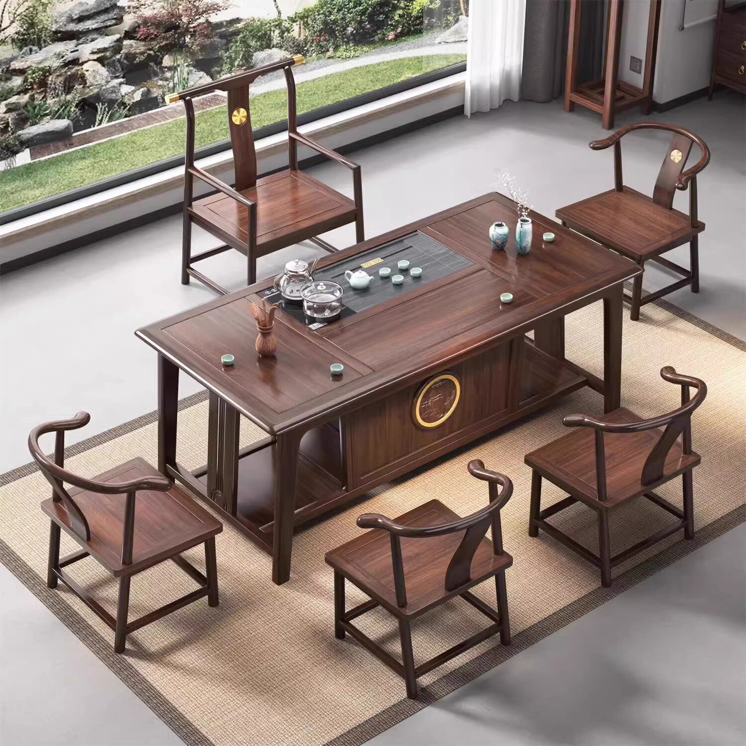 新中式乌金木实木茶桌椅组合一桌五椅办公家用现代简约干湿泡茶台