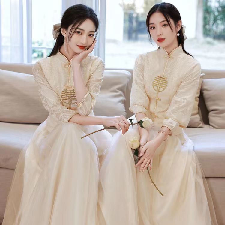 中式伴娘服2023新款旗袍姐妹团显瘦高级秀禾大码礼服中国风复古裙