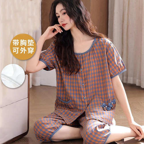 睡衣女夏季短袖七分裤开衫加大码家居服套装带胸垫休闲宽松韩版女