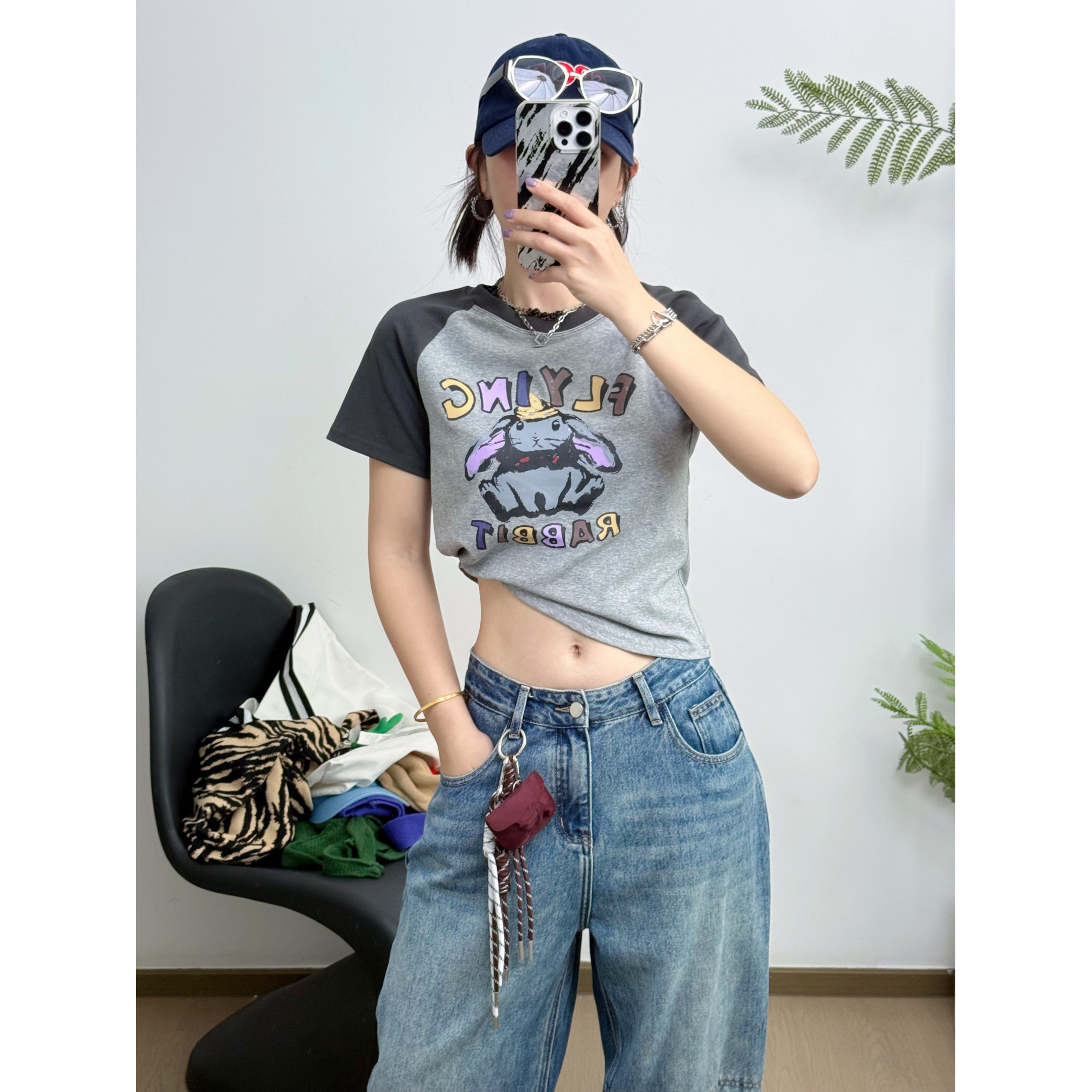 美式复古插肩袖正肩短袖t恤女修身夏季撞色短款体恤上衣2025新款