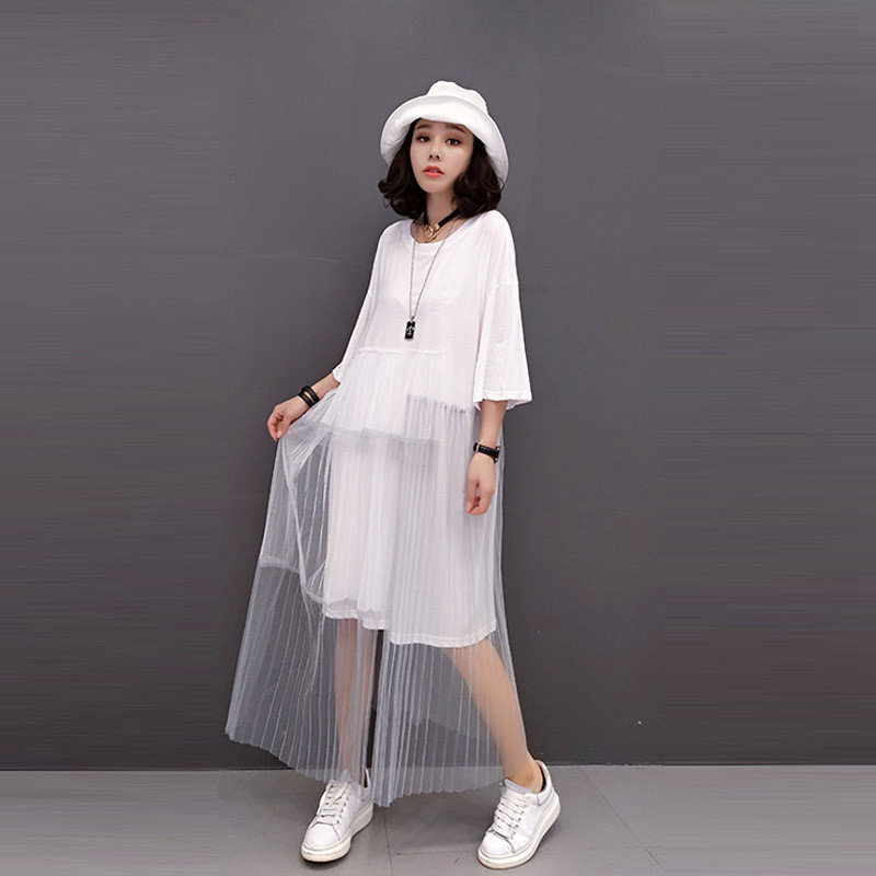 微胖女孩穿搭連衣裙2019年夏款拼接網紗薄款長T恤裙長款遮肉顯瘦在類目 女裝/女士精品, T恤中 - 來自Buy2taobao.com提供專業的淘寶代購服務
