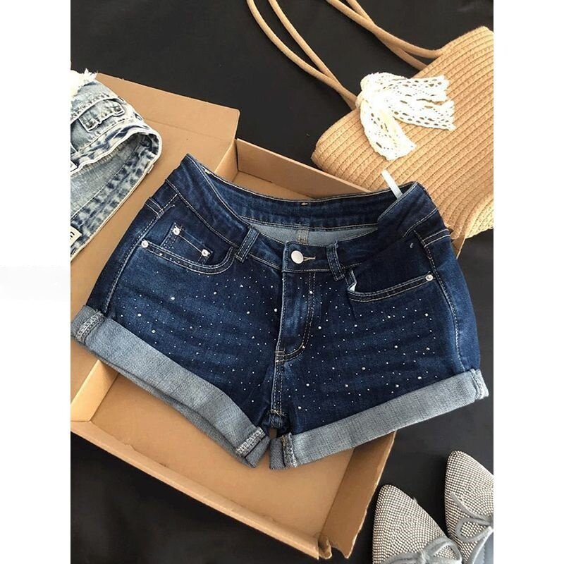 深蓝色烫钻卷边牛仔超短裤女夏季新款弹力低腰性感a字包臀热裤子