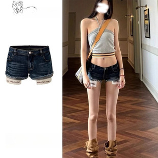 显瘦a字卷边热裤 美式 女夏修身 复古低腰口袋印花弹力牛仔短裤 热裤