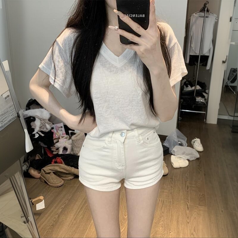 白色牛仔短裤女夏季薄款高腰显瘦弹力紧身安全裤性感辣妹包臀热裤
