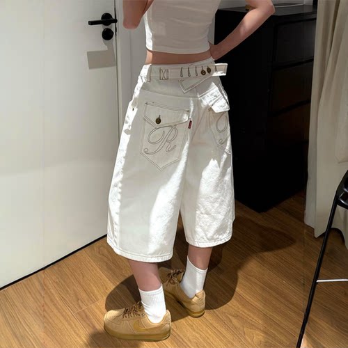 美式复古巴黎扣七分牛仔裤女夏季2026新款竹节纹高腰宽松阔腿中裤