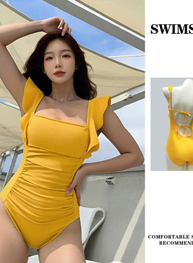 泳衣女2025新款纯色连体泳装荷叶边泳装女漏背遮肚显瘦温泉泳装