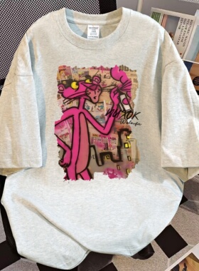 美式纯棉卡通印花短袖t恤女2025夏季新款宽松白灰色百搭情侣上衣