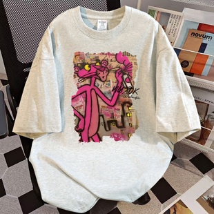 新款 t恤女2025夏季 宽松白灰色百搭情侣上衣 纯棉卡通印花短袖 美式