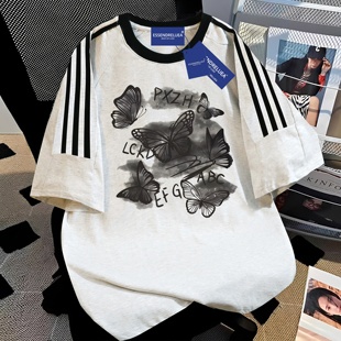 纯棉短袖T恤男女蝴蝶三条杠上衣夏季新款美式vintage宽松休闲t恤