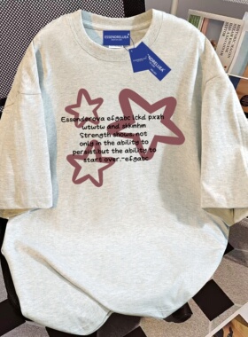 夏季美式国潮星星印花短袖t恤女2025新款宽松白灰色重磅纯棉上衣