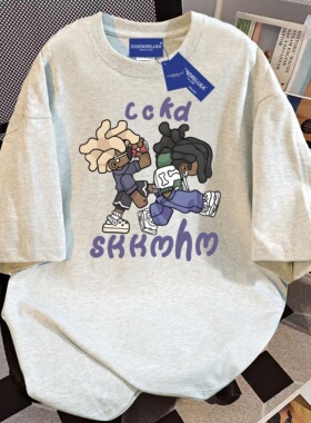 重磅纯棉美式设计感字母印花白灰色短袖T恤女款夏季宽松半袖上衣