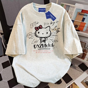 美式 T恤女2025新款 纯棉内搭上衣 设计感凯蒂猫小众白灰色短袖 韩版