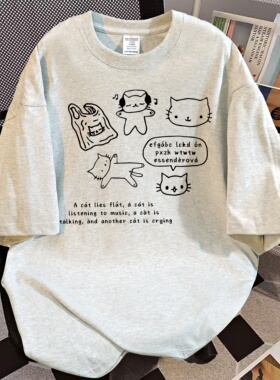 纯棉美式复古卡通印花短袖T恤女宽松白灰色情侣百搭重磅上衣服潮