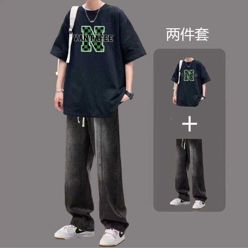 夏季时尚潮流薄款短袖牛仔两件套