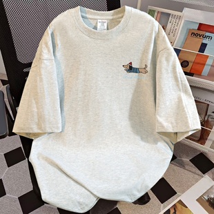 夏季 设计感圆领美式 宽松上衣 女新款 慵懒风可爱腊肠狗重磅纯棉短袖