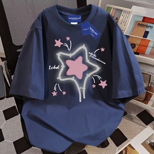 街头设计感宽松上衣服 t恤女潮流ins夏季 纯棉美式 趣味星星印花短袖