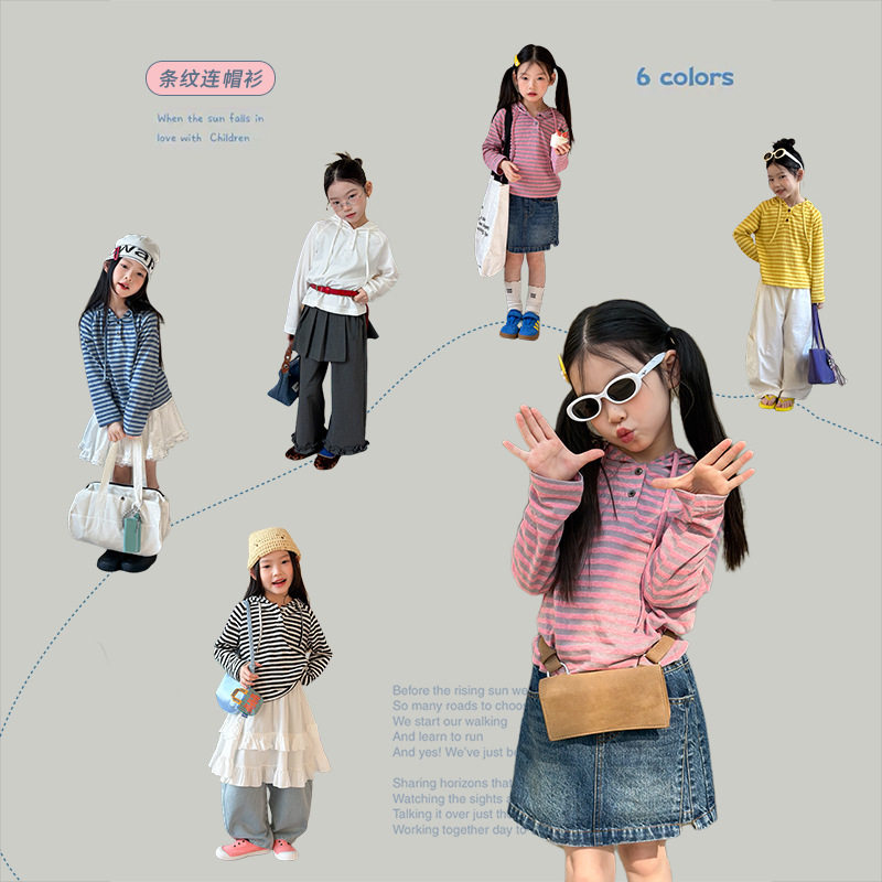 女童洋气条纹连帽T恤衫上衣春款t