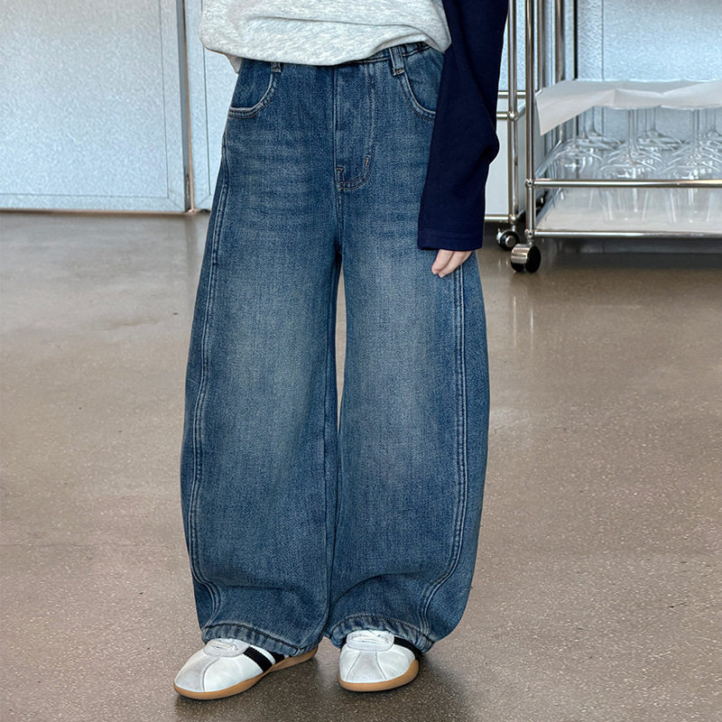 女童洋气加绒牛仔裤儿童阔腿裤冬