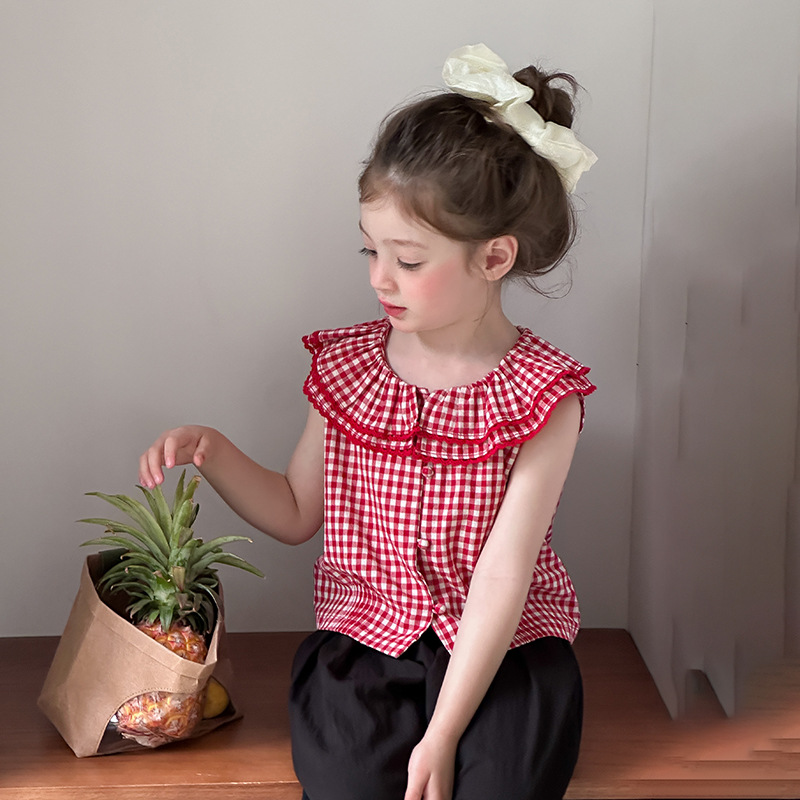 女童洋气格子背心吊带T恤