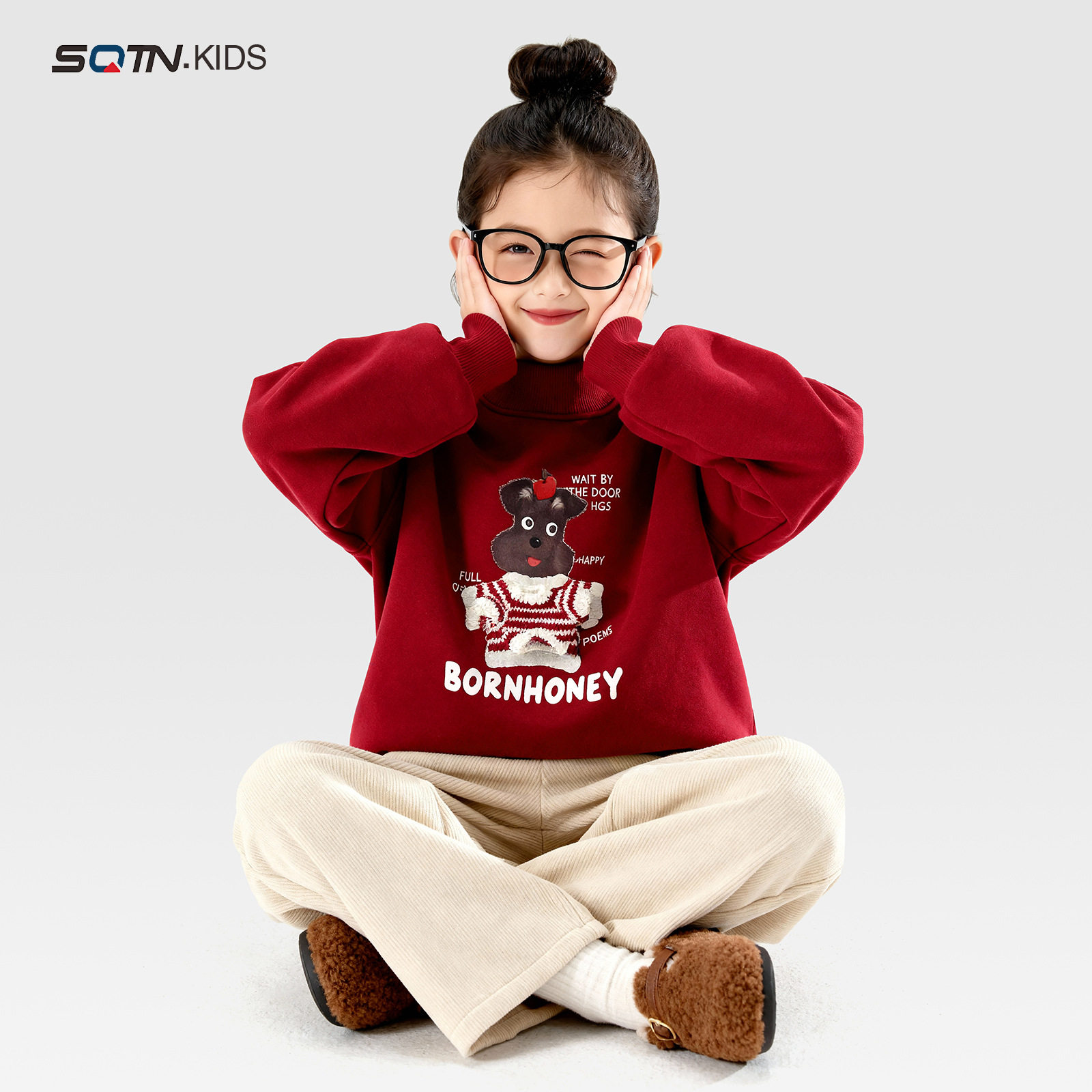 品牌童装女童新年红色加绒卫衣冬装新款亲子装儿童圆领加厚打底衫