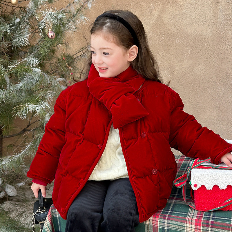 女童洋气红色丝绒羽绒服冬装中大童加厚保暖棉服儿童白鸭绒外套冬