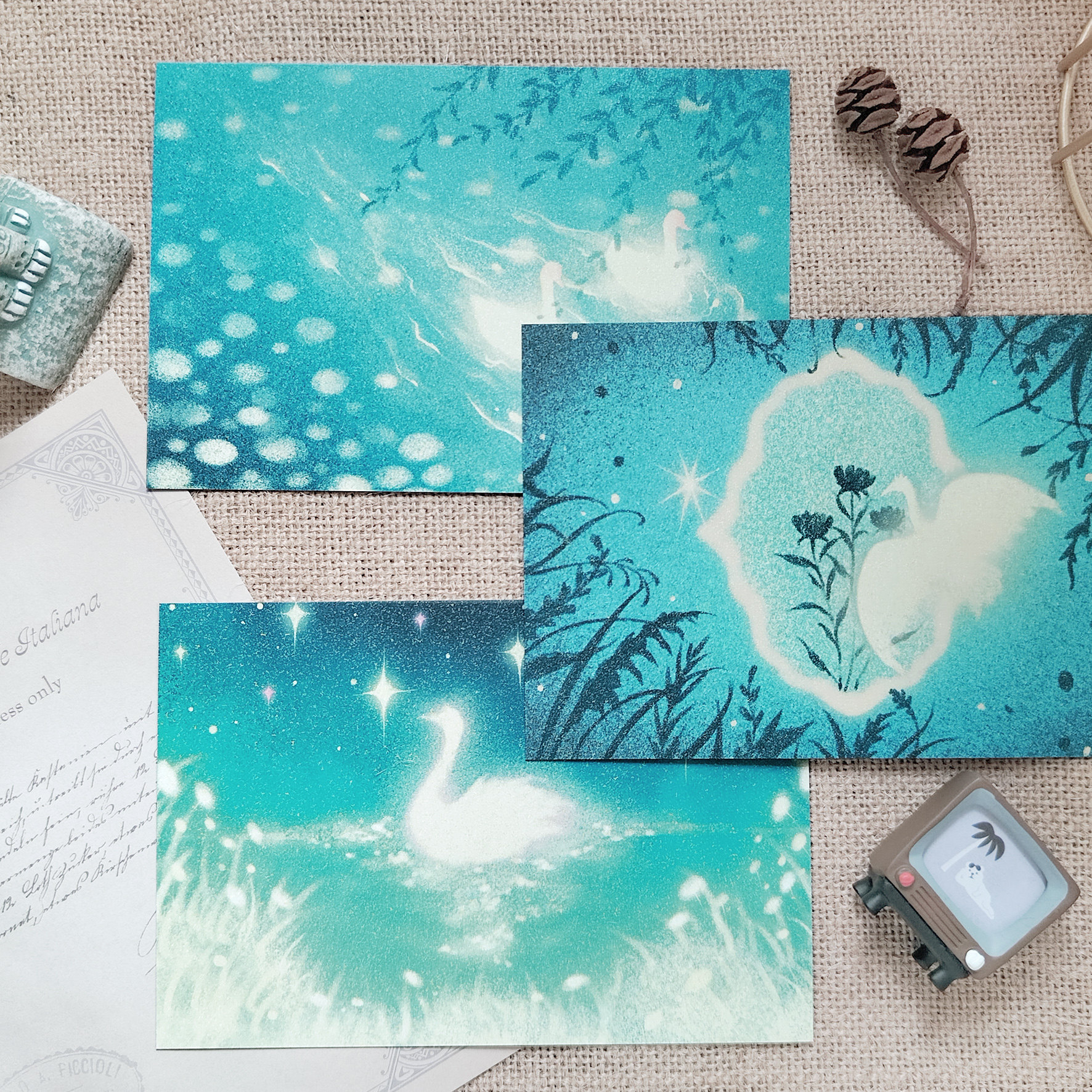 「白毛浮绿水」磨砂满天星夜画雨落插画卡片原创明信片贺卡