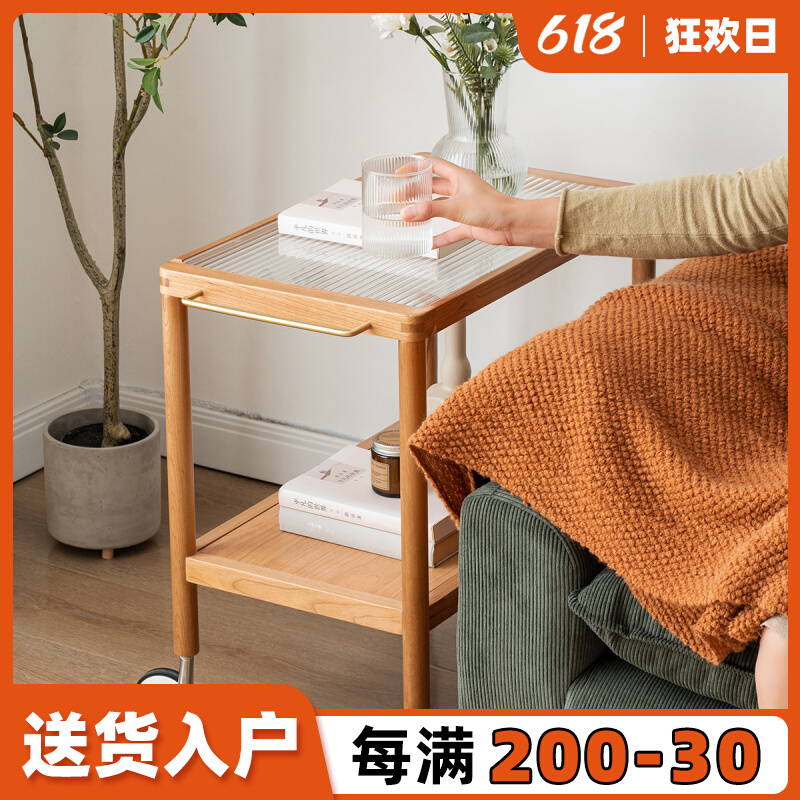 樱桃木沙发边几边柜小户型实木客厅可移动茶几玻璃带轮小推车角几