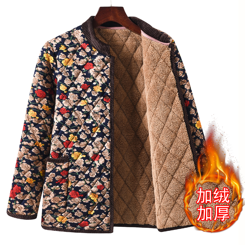 撞色包边大码加绒加厚妈妈棉袄