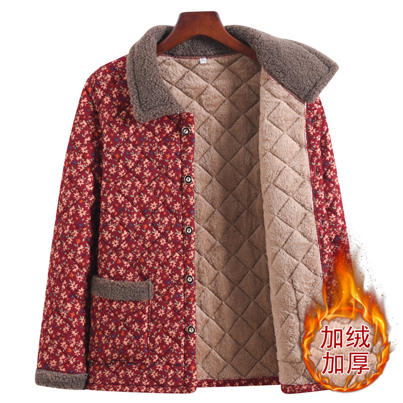 妈妈秋冬季加绒棉袄外套女中老年人大码宽松翻领花色加厚棉服上衣