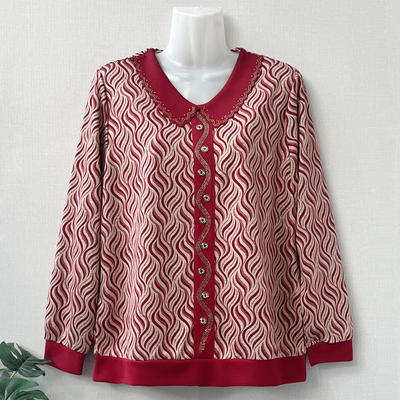 妈妈春季翻领花纹显瘦长袖T恤女